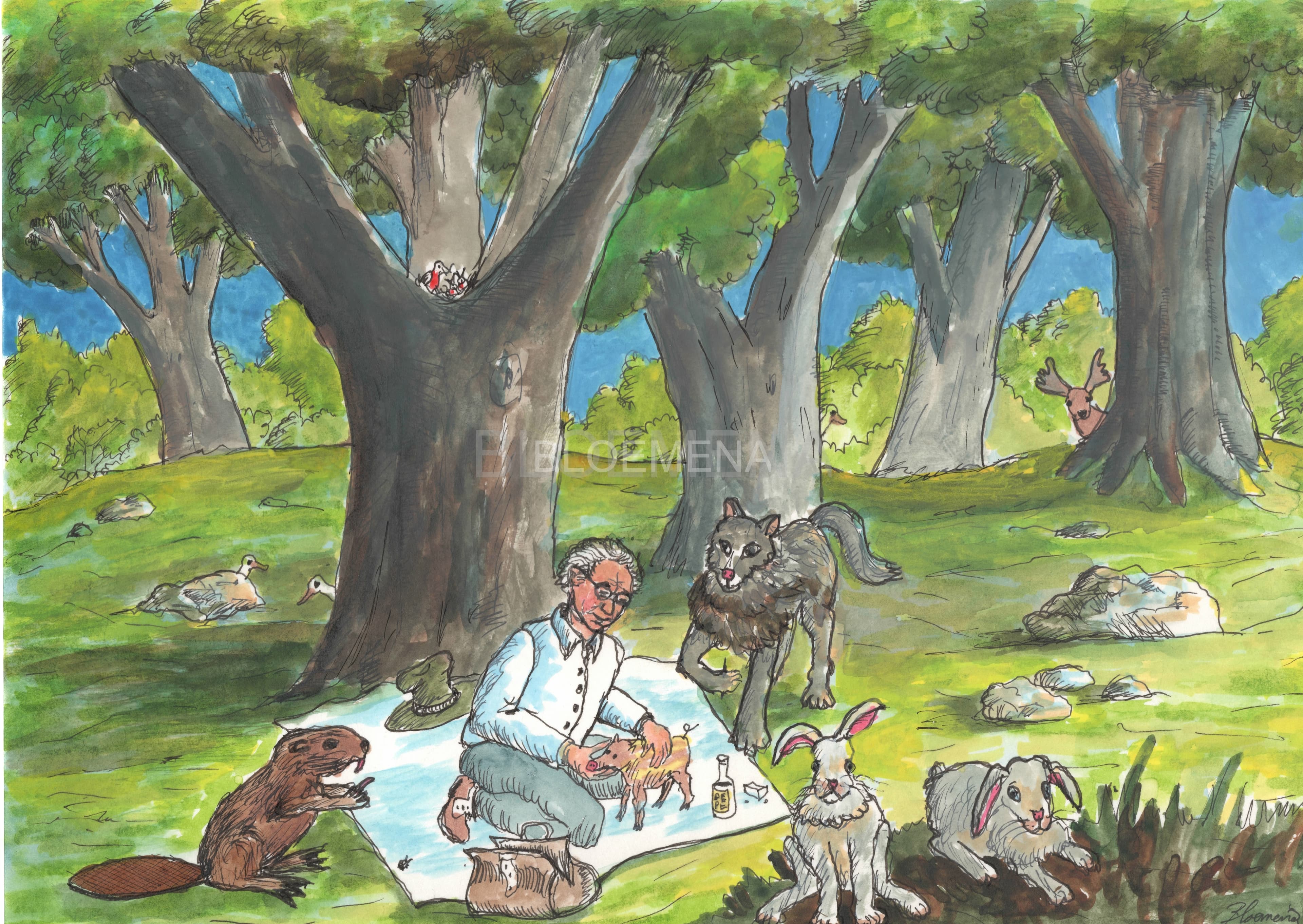 Dokter Oudoetzeer houdt praktijk onder een boom.10 illustraties bij het gedicht 'dokter Oudoetzeer' van Kornej Tsjoekovski in een vertaling van Robbert-Jan Henkes
