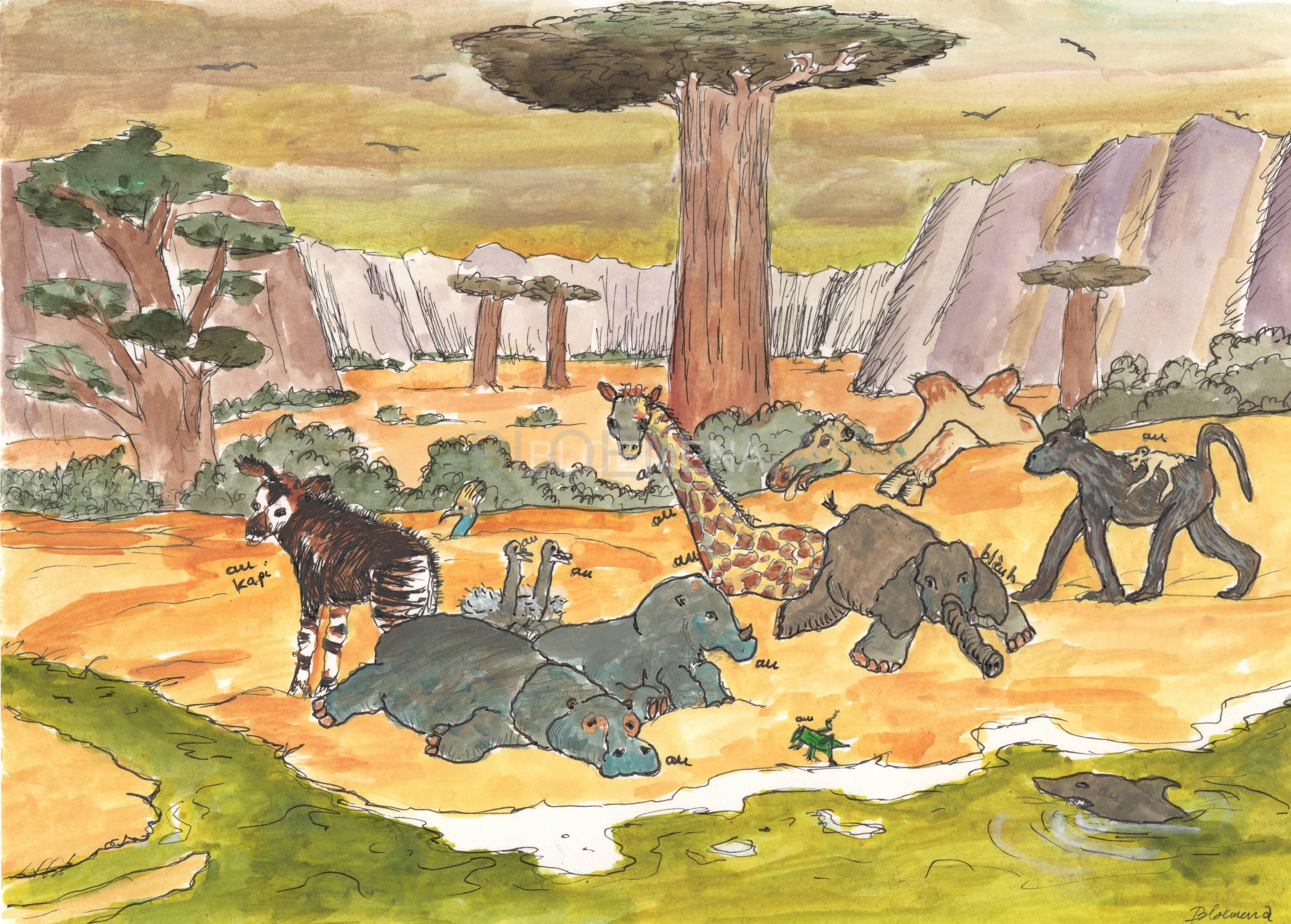De zieke dieren wachten aan de Limpopo