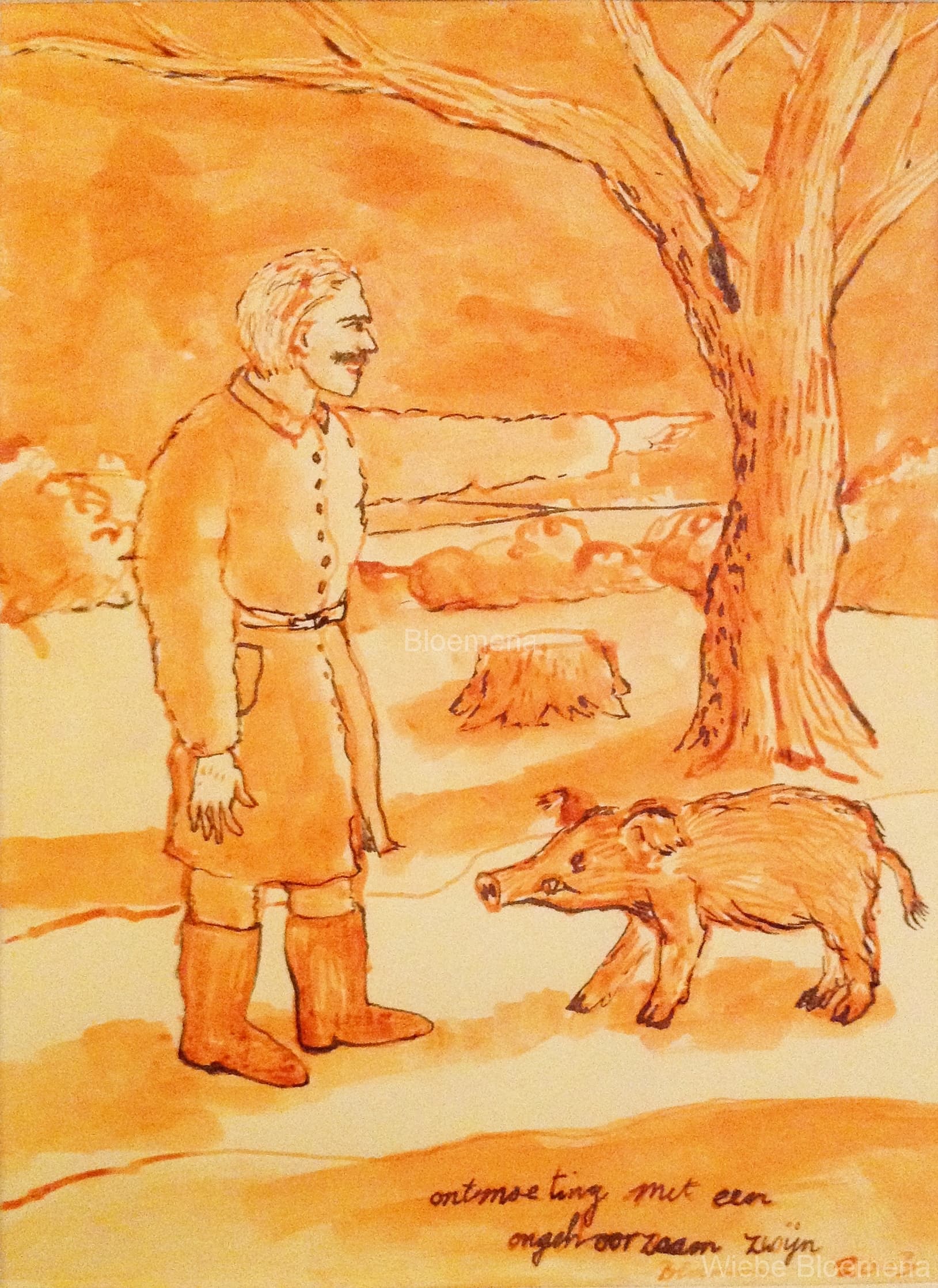 Ontmoeting met een ongehoorzaam zwijn, gewassen inkt op papier, A4